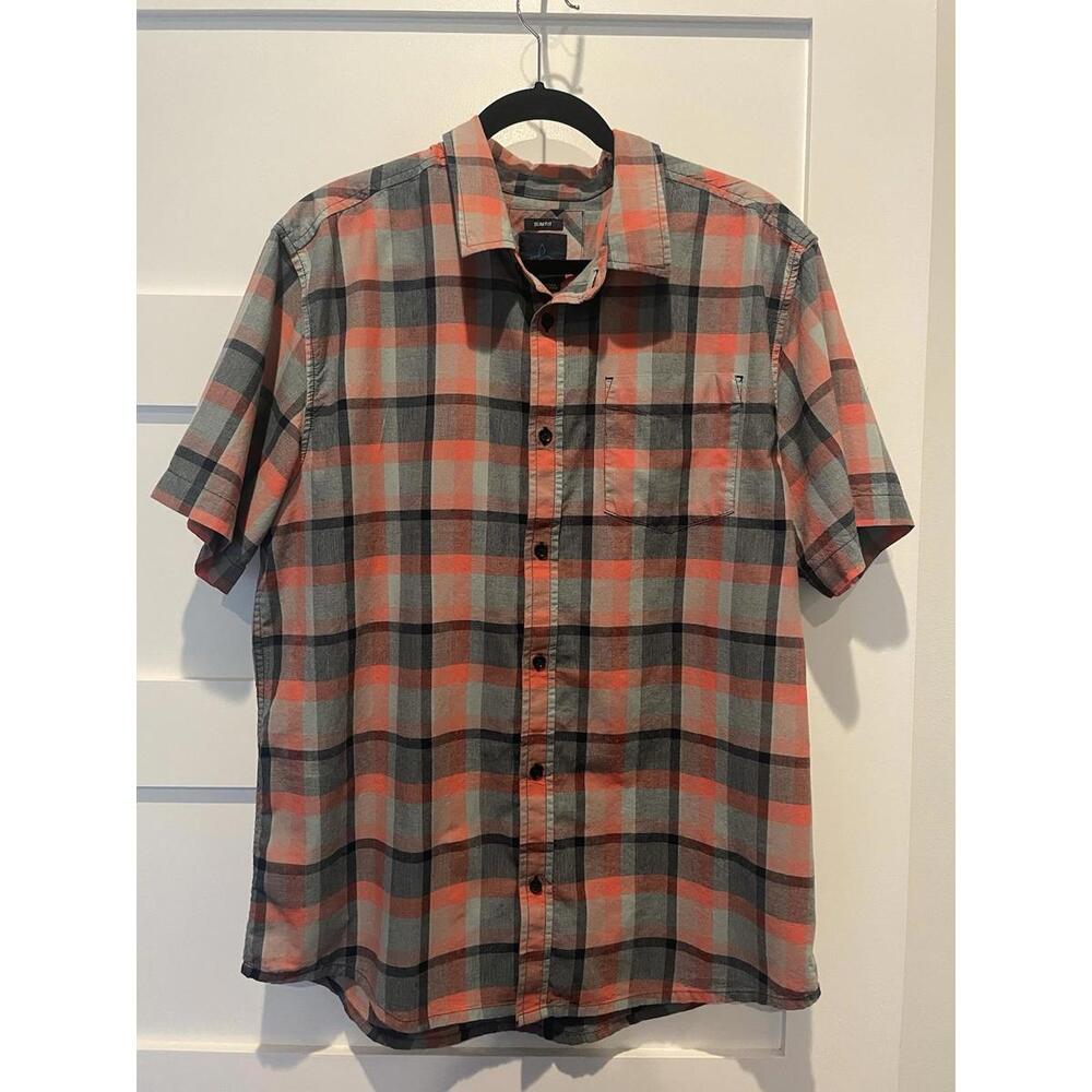 PrAna Bryner Shirt Slim Fit Men's XL Plaid Button Down Short Sleeve